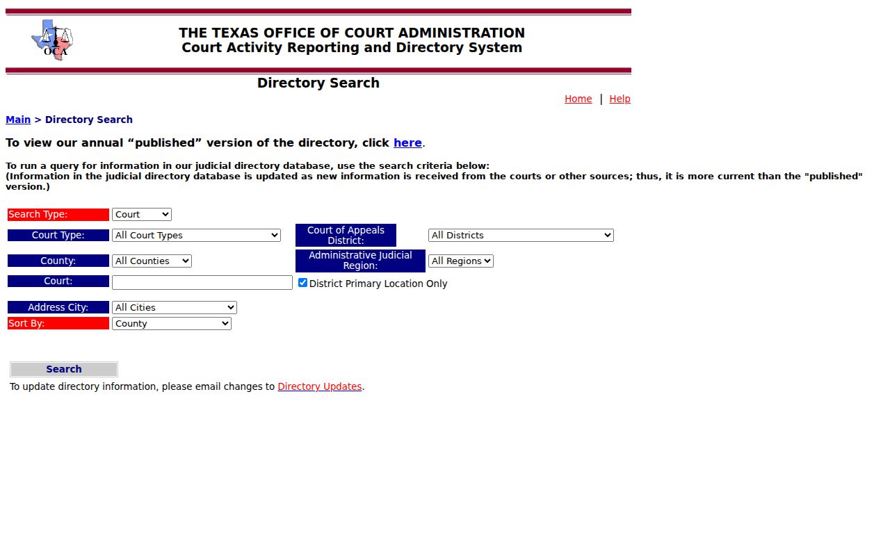 Texas court activity and directory search interface