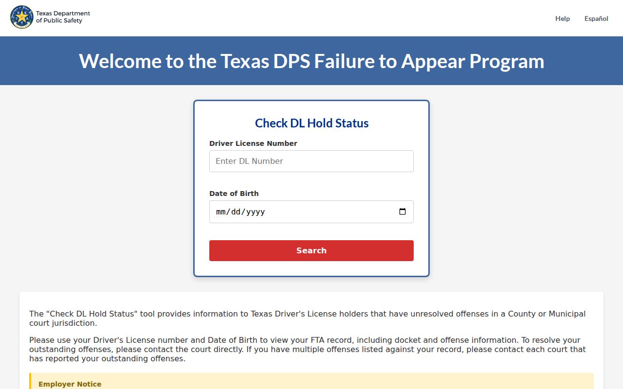 Texas FTA and license-hold status search interface