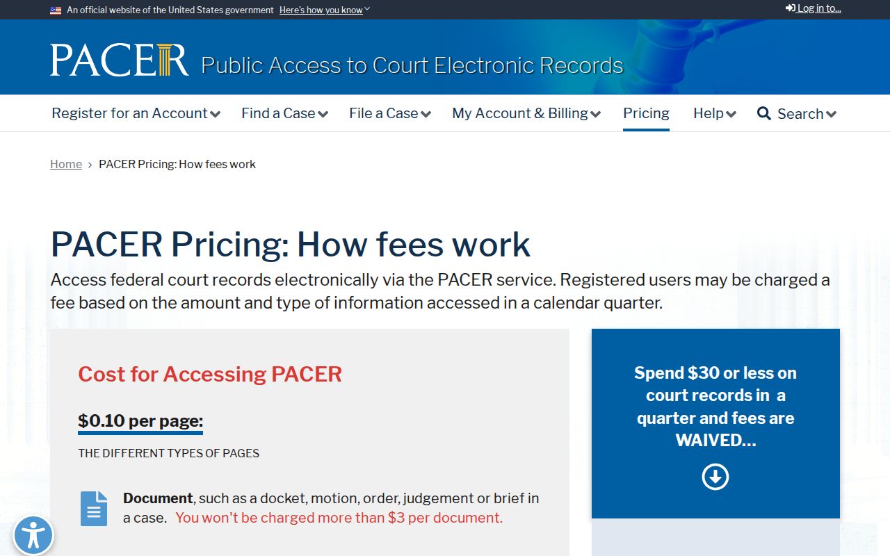 PACER federal docket access and fee information